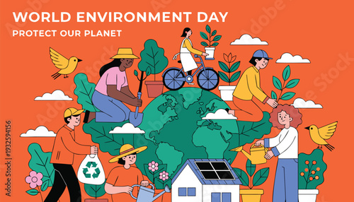 Illustration of World Environment Day featuring green Earth, diverse people caring for nature by planting trees and watering greenery, eco-friendly lifestyle elements