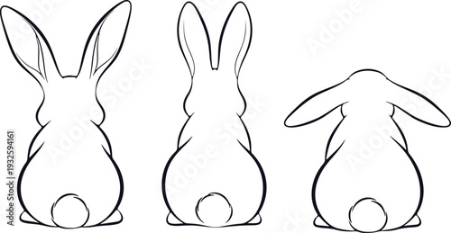 A black and white illustration of three rabbits sitting with their backs to the viewer, each with a different ear position.