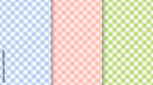 Pastel diagonal Gingham or Vichy seamless pattern set. Repeat checkered background. Print for tablecloth textile, picnic blanket and napkin. Spring soft colors. Vector collection illustration