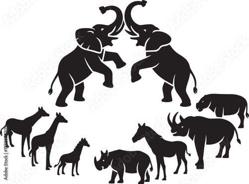 African safari black silhouettes set elephants rhinos giraffes zebras wild animal vector