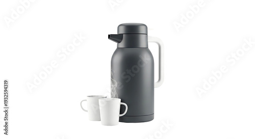 Dark Gray Thermos Flask with White Mugs and Steam