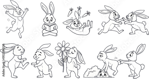 A collection of playful cartoon rabbits in various fun and adorable poses, showcasing their happy and carefree nature.