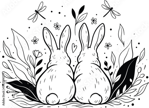 A whimsical illustration of two rabbits surrounded by flowers and dragonflies in a black and white drawing.