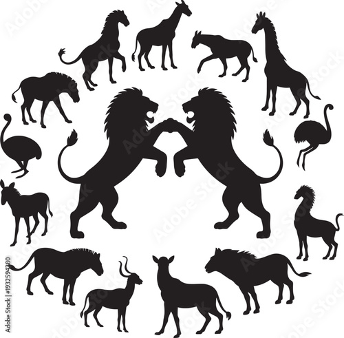 African savanna wildlife silhouettes, lions fighting, giraffes, lions, zebras
