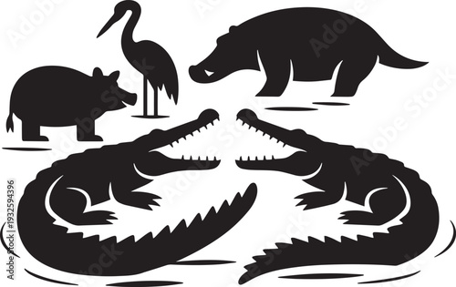 African wildlife black silhouettes set hippopotamus crocodiles crane swamp animal vector