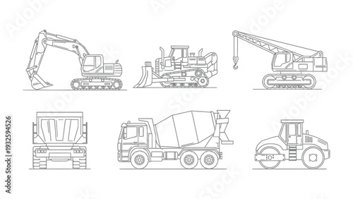 Construction Equipment Array: A clean, streamlined illustration showcasing a comprehensive array of essential construction equipment, perfect for visualizing projects and designs.