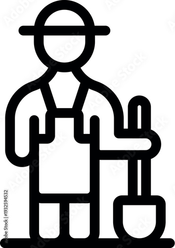 Farmer holding a shovel, wearing an apron and a hat, ready to work in the fields or garden