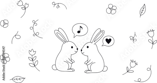 A cute illustration of two rabbits surrounded by flowers and leaves, singing and expressing love.