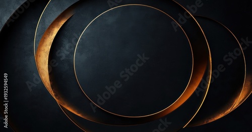 dark textured background with overlapping gold metallic rings and crescent edges, deep shadows and worn patina conveying elegant luxurious mysterious mood