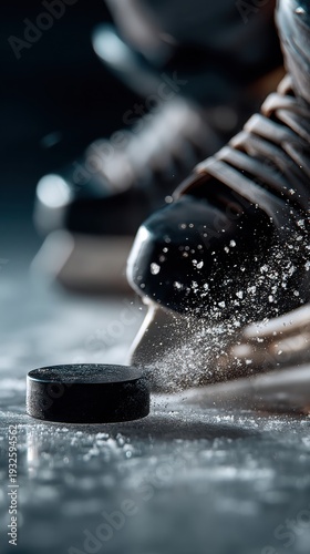 Close-up ice hockey skate and puck with flying ice spray, high-speed action, editable image ideal for sports marketing, equipment ads, and posters.
