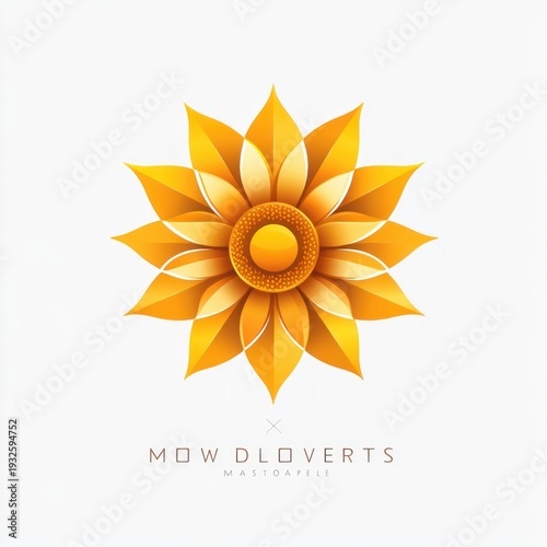 radiant golden geometric flower emblem with layered glossy petals, dotted central disk and subtle shadow on white background, warm cheerful modern logo with minimal text below