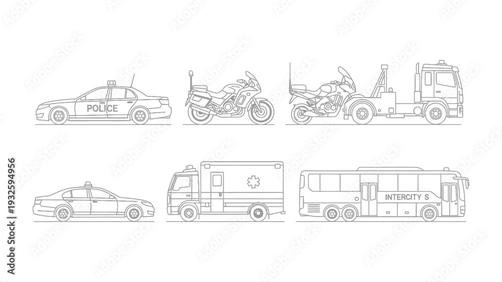 Naklejka premium Vehicular Lineup: An array of detailed vehicle illustrations, each representing a different mode of transport, meticulously rendered in clean, crisp lines.