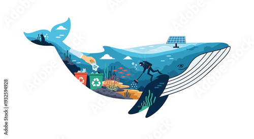 Vector blue whale with ocean creatures illustration