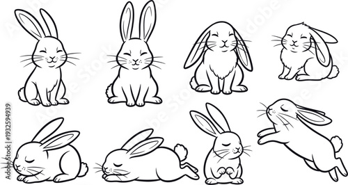 A set of adorable cartoon rabbits in various poses and expressions on a white background