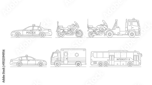 Vehicular Lineup: An array of detailed vehicle illustrations, each representing a different mode of transport, meticulously rendered in clean, crisp lines.