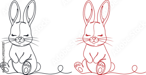 A black and red line drawing of two identical bunnies sitting side by side on a white background.