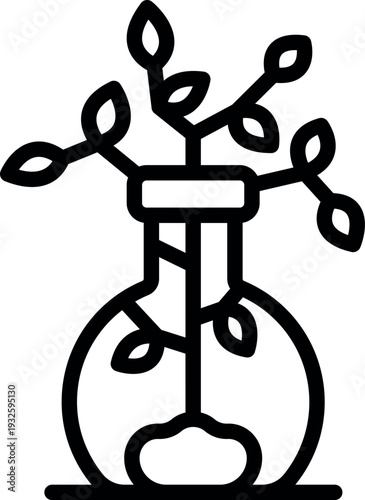 Small plant growing inside a laboratory flask, representing botany, genetic engineering, or biological research