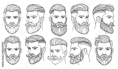 Hand drawn hipster men’s hairstyles, beards and mustaches vector set