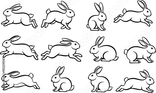 A black and white illustration of multiple rabbits running in different poses