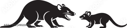 Black silhouettes of Tasmanian devil and small marsupial face to face on background