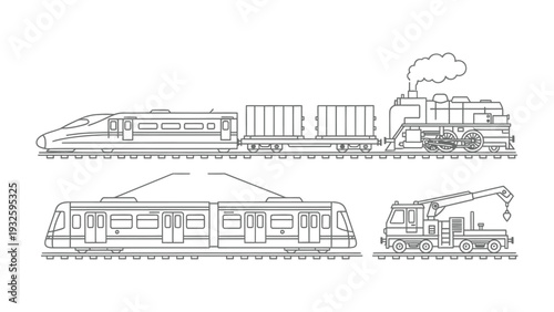 Transportation Evolution: A detailed outline of a train, high-speed train, freight train, steam locomotive, tram, and crane truck.