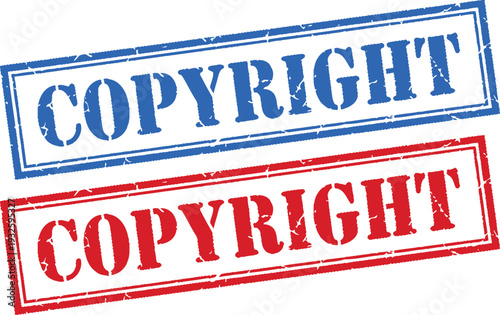 A close-up of two copyright stamps, one blue and one red, on a white background.