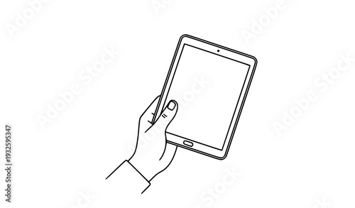Minimal hand holding tablet line art vector illustration