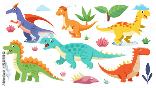 Cute Cartoon Dinosaurs Set with Prehistoric Plants and Elements