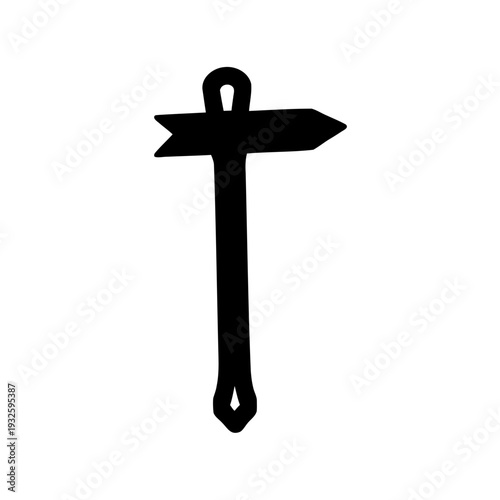 Simple black silhouette of a direction sign with mounting loop and arrow