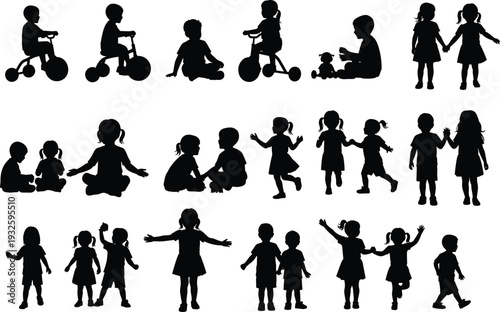 Vector silhouette set of children playing, kids riding tricycles, toddlers sitting, friends holding hands, and boys and girls in various active poses on white background.