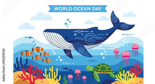 Vector illustration of ocean creatures for World Ocean Day