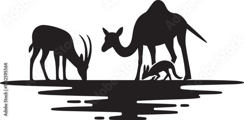 Camel and ibex silhouettes grazing together near small desert mammal in wild landscape art