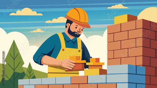 Construction Worker Building Brick Wall Illustration