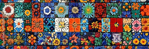 vibrant ceramic tile mosaic of colorful square floral tiles forming a cheerful decorative wall pattern