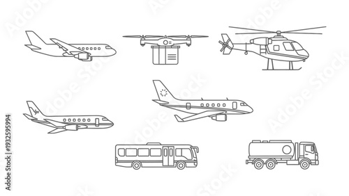 Vehicles in Line Art: A collection of various vehicles captured in a clean and streamlined line art style, perfect for illustrating modes of transport.