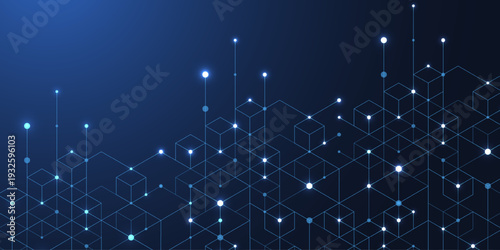 Abstract digital blockchain cube blocks concept. 3D big data cubes quantum computer technology idea. Artificial intelligence data core cubes design element