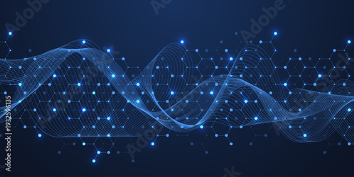 Molecular abstract structure and genetic engineering DNA. Healthcare and medicine background concept. Scientific research background. Wave flow. Innovation pattern. Vector illustration.