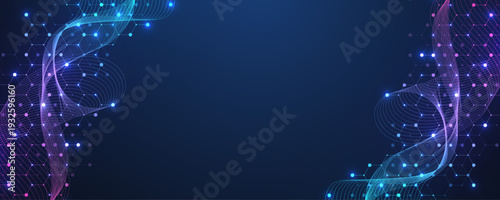 Molecular abstract structure and genetic engineering DNA. Healthcare and medicine background concept. Scientific research background. Wave flow. Innovation pattern. Vector illustration.