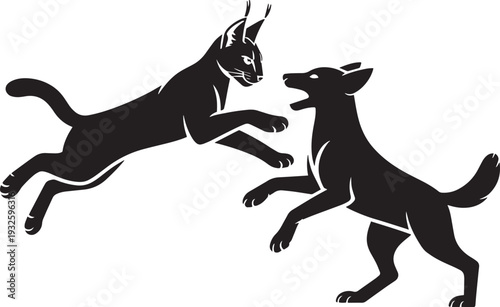 Caracal fighting dog silhouette graphic representing interaction between wild and domestic