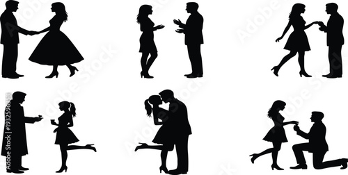 Vector silhouette set of romantic couples in various poses including dating talking holding hands kissing and marriage proposal for wedding invitations engagement and relationship concepts