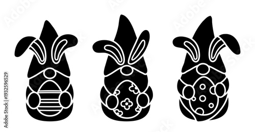 Gnome holding an Easter egg  vector silhouette set .
Bunny ear gnomes vector silhouette collection.
Transparent Background. SVG.
