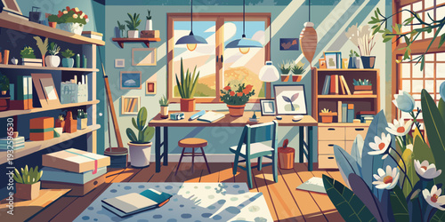 Cozy Home Office Interior Vector Illustration – Creative Workspace Design