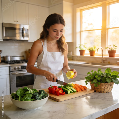 Close view of a woman squeezing lemon while chopping fresh vegetables in a bright kitchen, herbs and greens on counter, clean eating and wellness routine scene.
