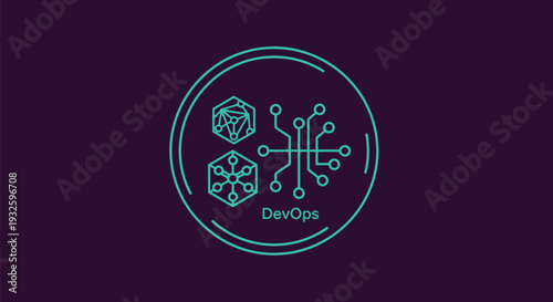 DevOps concept with technology icons and circuit board illustration.