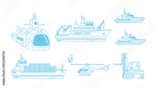 Maritime Transport Illustration: A collection of various maritime transport vehicles, including a submarine, ship, vessel, helicopter, and forklift.