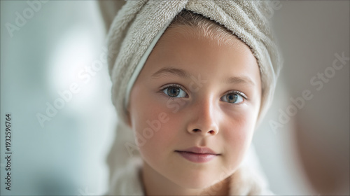 Sweet young girl with a towel wrapped around her head looks directly.
