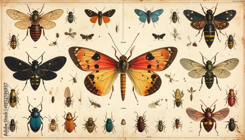 Vintage entomology illustration featuring various insects and moths on parchment.