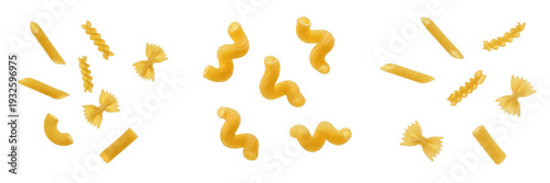 Photography Set of Three Floating Arrangements of Assorted Dry Pasta Shapes Isolated on Whit