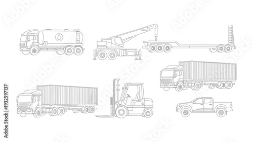 Vehicular Fleet: A meticulously crafted collection of commercial vehicles, including a tanker truck, crane, trailer, container truck, forklift, and pickup truck, all rendered in elegant line art.