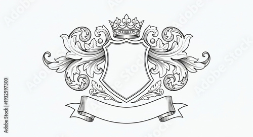 Elegant heraldic crest design with crown, shield, and banner, perfect for branding.